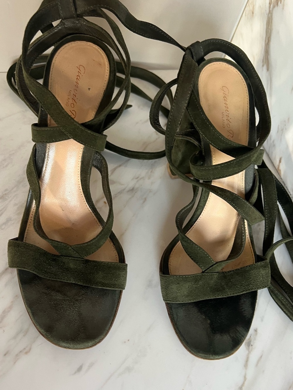 Gianvito Rossi Dark Green Suede Lace Up Block Heel Size 38.5 - Picture 5 of 8